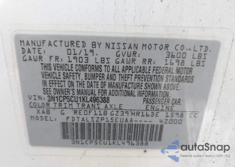 2019 Nissan Kicks Sv z USA, uszkodzony, nr VIN 3N1CP5CU1KL496388